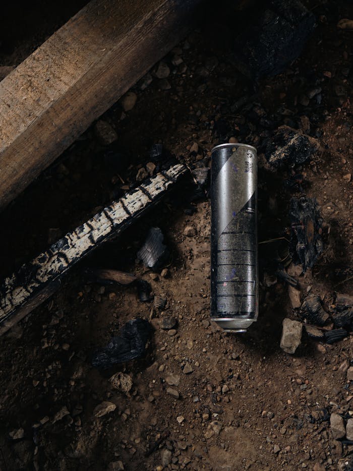 Rustic image of a rusted spray can on dirt with burnt debris around.